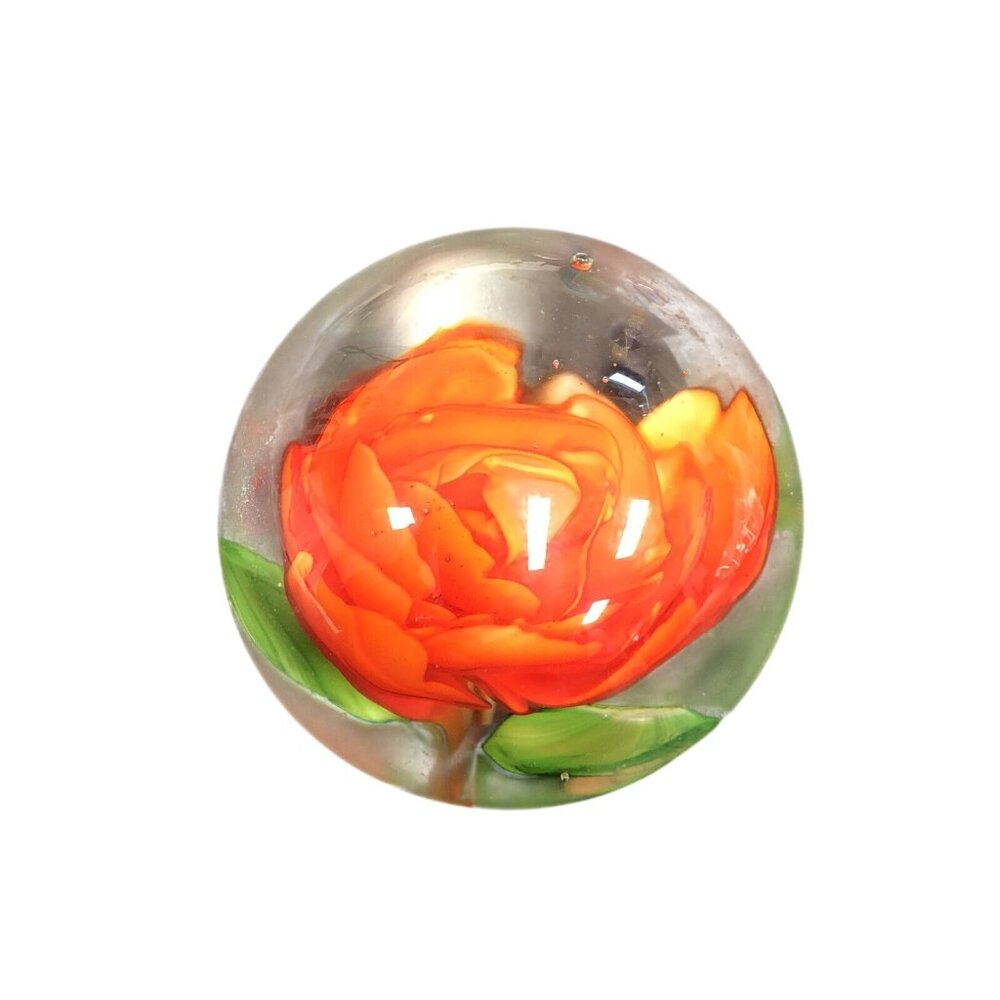 Handcrafted Glass Paperweight With Encased Orange Rose Design - Picture 3 of 3